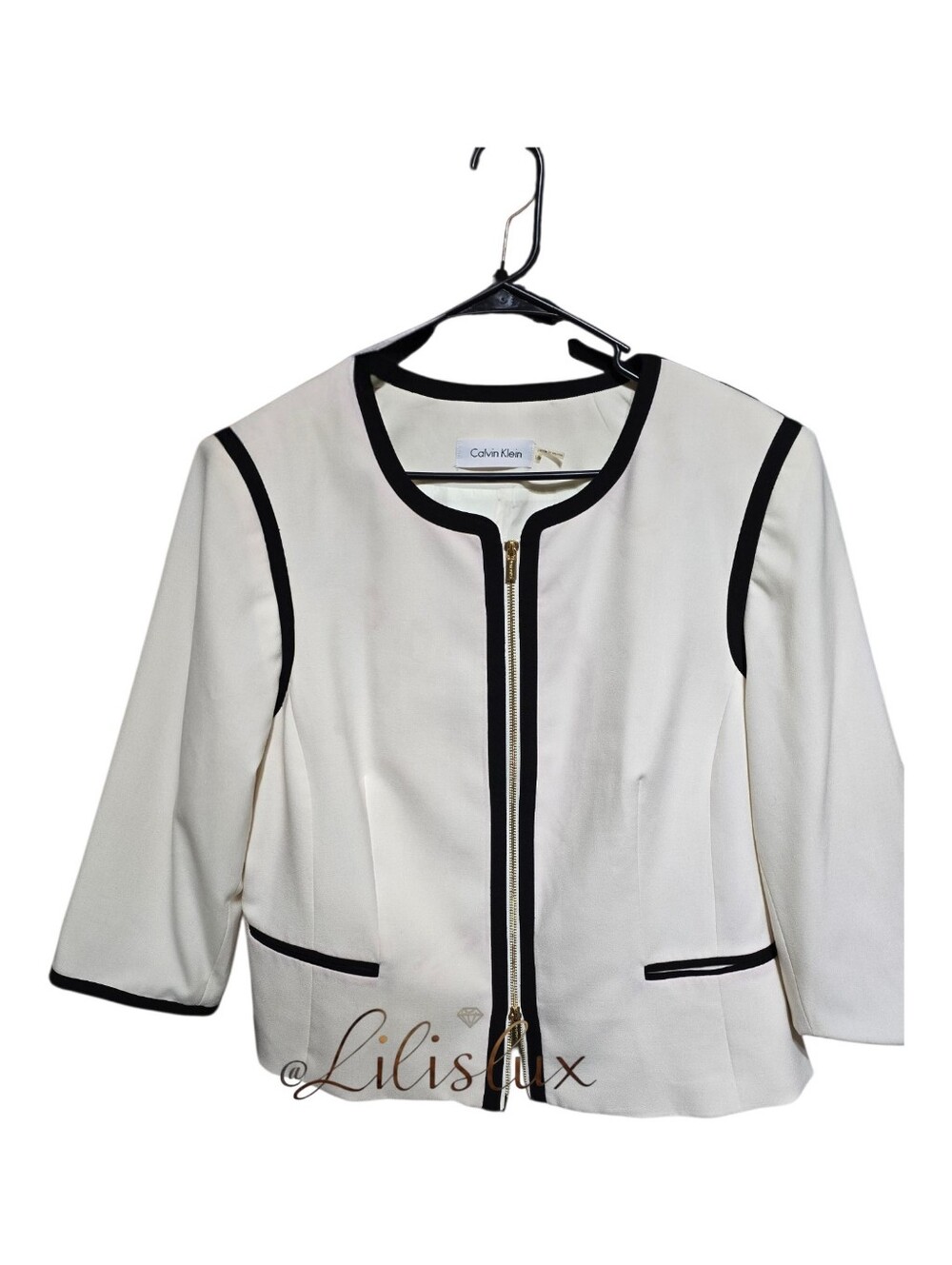 Calvin Klein collarless contrast-trim zip-front blazer in a women's plus size 18 - Picture 14 of 16